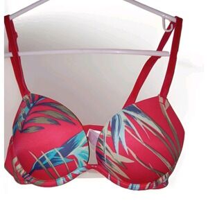 Victorias Secret Pink 32A super push-up Bra Red Tropical Print Hawaiian Island